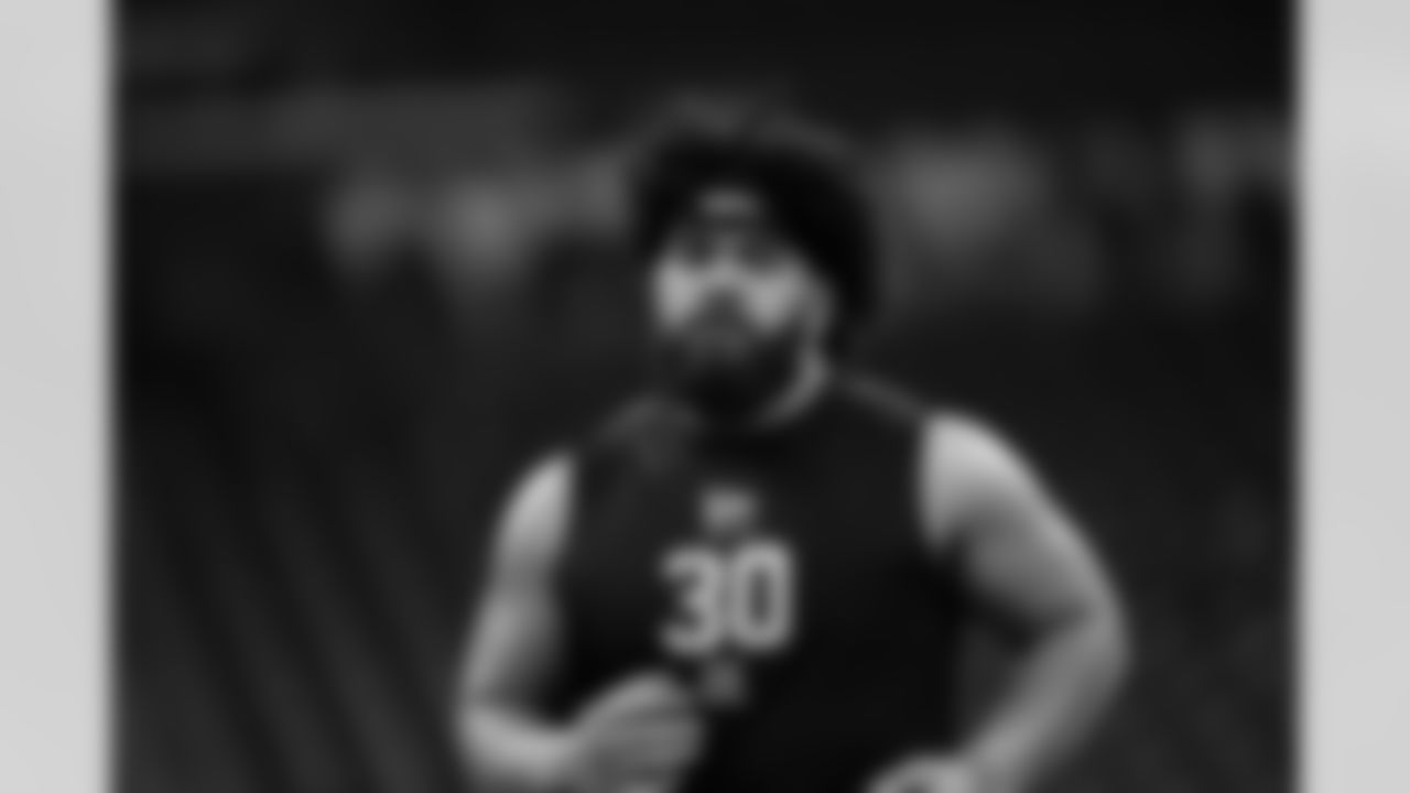 Penn State offensive lineman Olaivavega Ioane (30) participates in a drill during the 2026 NFL Scouting Combine on Sunday, March 1, 2026 in Indianapolis, Indiana. (Cooper Neill/NFL)