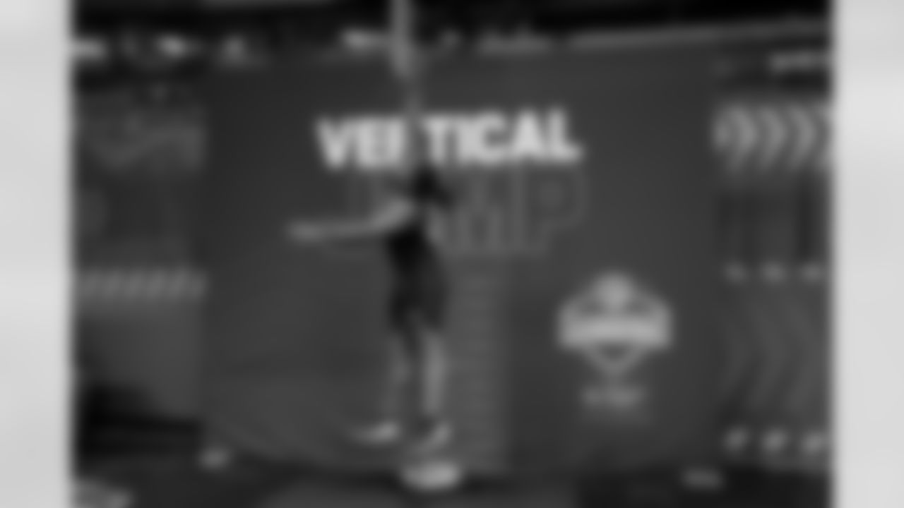 South Carolina defensive lineman Nick Barrett (03) participates in the vertical jump during the 2026 NFL Scouting Combine on Thursday, February 26, 2026 in Indianapolis, Indiana. (Lauren Leigh Bacho/NFL)