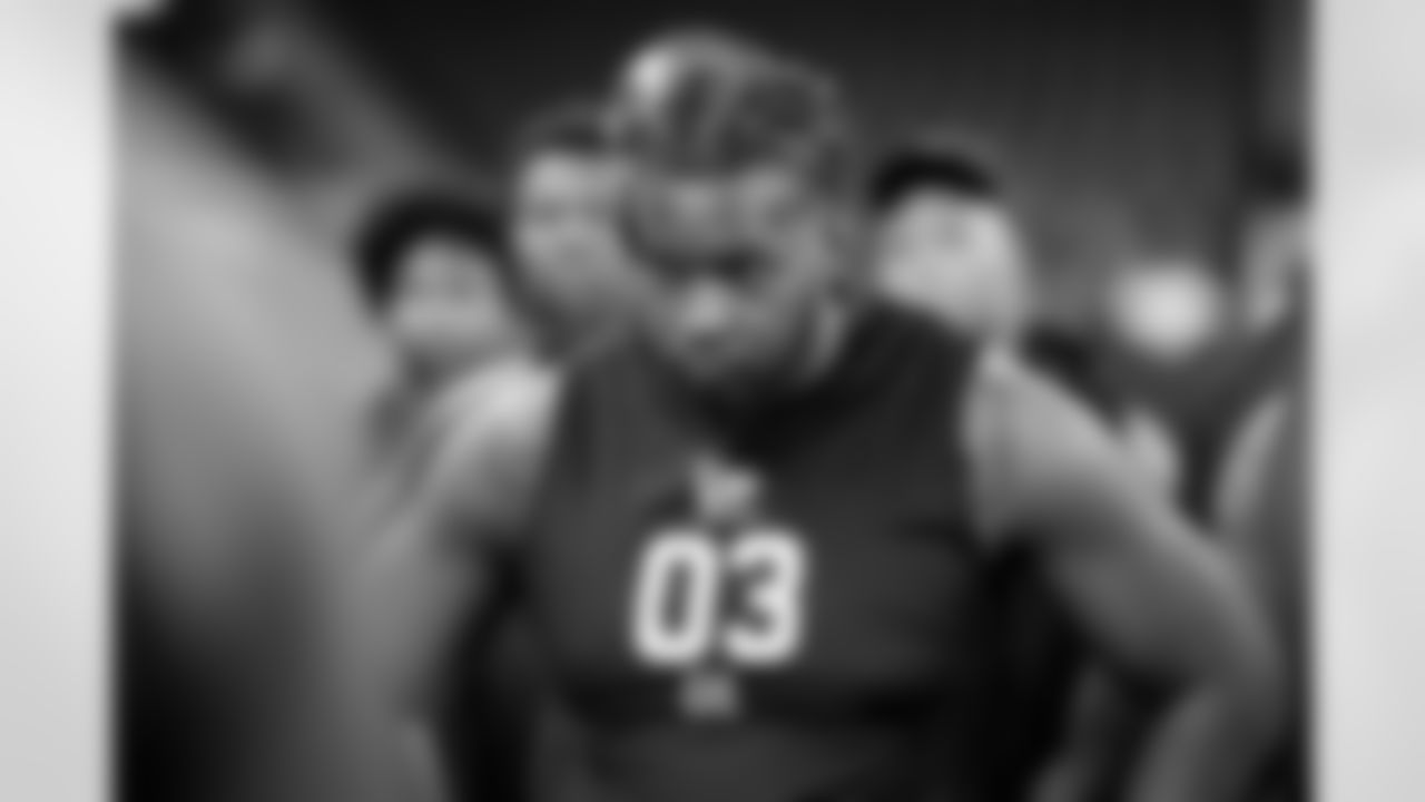 South Carolina defensive lineman Nick Barrett (03) participates in a drill during the 2026 NFL Scouting Combine on Thursday, February 26, 2026 in Indianapolis, Indiana. (Ben Liebenberg/NFL)