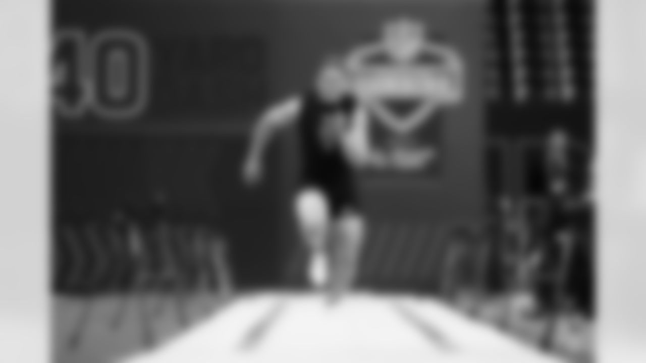 North Dakota State quarterback Cole Payton (15) runs the 40-yard dash during the 2026 NFL Scouting Combine on Saturday, February 28, 2026 in Indianapolis, Indiana. (Cooper Neill/NFL)