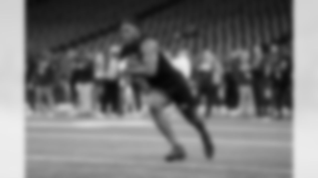 Notre Dame running back Jadarian Price (15) participates in a drill during the 2026 NFL Scouting Combine on Saturday, February 28, 2026 in Indianapolis, Indiana. (Cooper Neill/NFL)