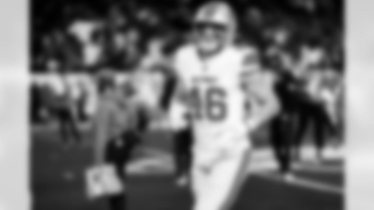 Detroit Lions linebacker Jack Campbell (46) before an NFL football game against the Philadelphia Eagles on Sunday, Nov. 16, 2025 in Philadelphia. (Jeff Nguyen/Detroit Lions via AP)