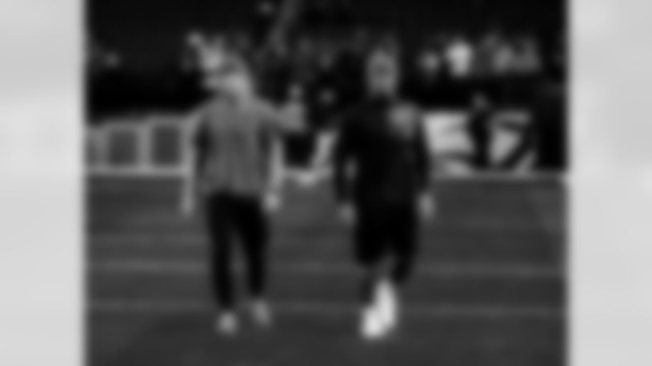 Detroit Lions linebacker Alex Anzalone (34) and Detroit Lions linebacker Derrick Barnes (55) before an NFL football game against the Philadelphia Eagles on Sunday, Nov. 16, 2025 in Philadelphia. (Jeff Nguyen/Detroit Lions via AP)