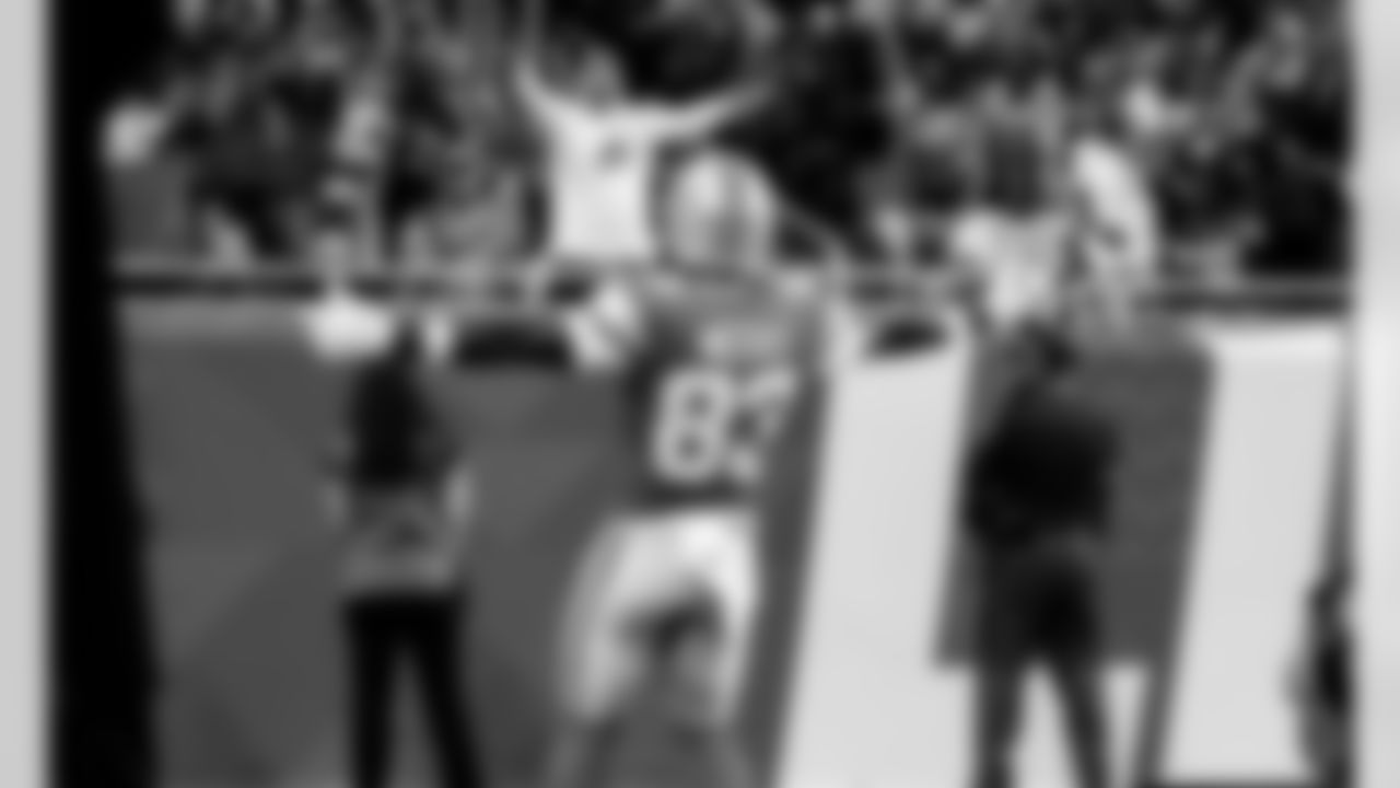 Detroit Lions wide receiver Jackson Meeks (83) celebrate after a touchdown during an NFL football game against the Miami Dolphins, Saturday, August 16 in Detroit. (Jeff Nguyen/Detroit Lions via AP)