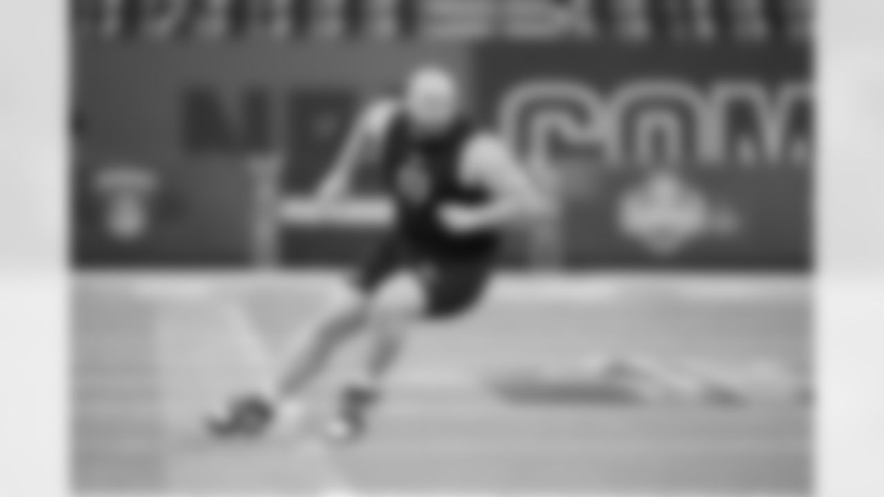 Northwestern offensive lineman Evan Beerntsen (03) runs a drill at the NFL football scouting combine in Indianapolis, Sunday, March 1, 2026. (AP Photo/Michael Conroy)