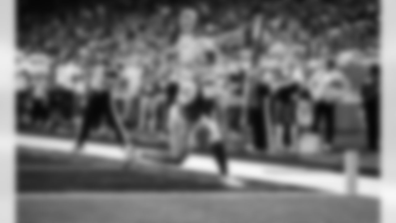 Detroit Lions wide receiver Jackson Meeks (83) scores a touchdown during an NFL football game against the Miami Dolphins, Saturday, August 16 in Detroit. (Jeff Nguyen/Detroit Lions via AP)