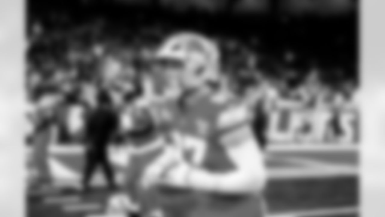 Detroit Lions edge rusher Aidan Hutchinson (97) before an NFL football game against the Pittsburgh Steelers on Sunday, Dec. 21, 2025 in Detroit. (Jeff Nguyen/Detroit Lions via AP)