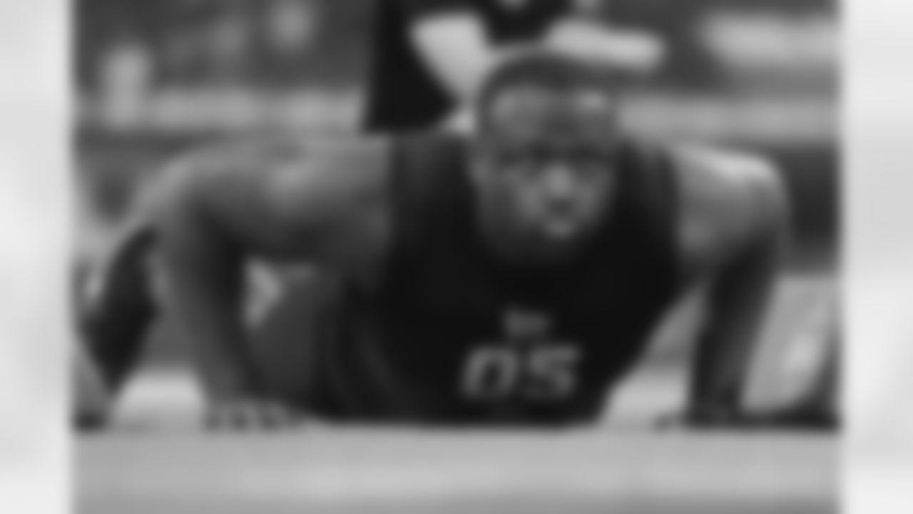 Clemson defensive lineman DeMonte Capehart (05) runs a drill at the NFL football scouting combine in Indianapolis, Thursday, Feb. 26, 2026. (AP Photo/Michael Conroy)