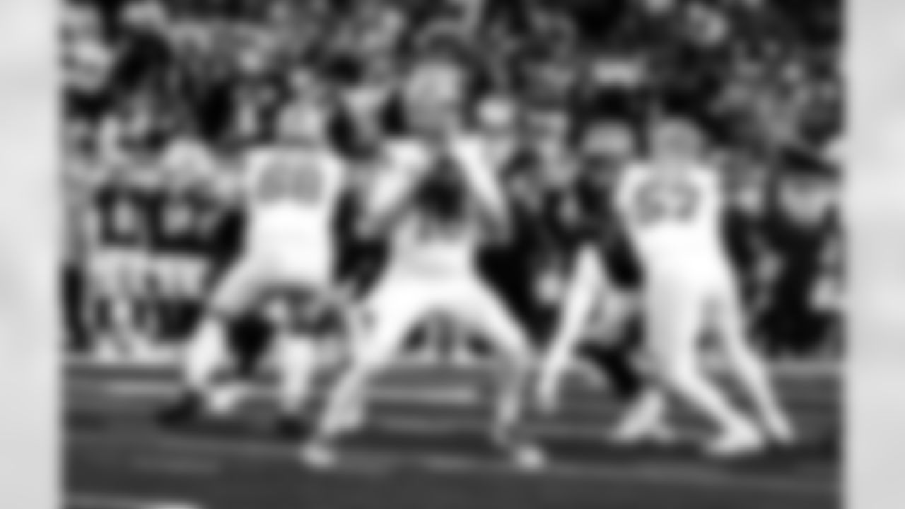 Detroit Lions tackle Taylor Decker (68), Detroit Lions quarterback Jared Goff (16), and Detroit Lions offensive lineman Trystan Colon (57) during an NFL football game against the Dallas Cowboys on Thursday, Dec. 4, 2025 in Detroit. (Jeff Nguyen/Detroit Lions via AP)