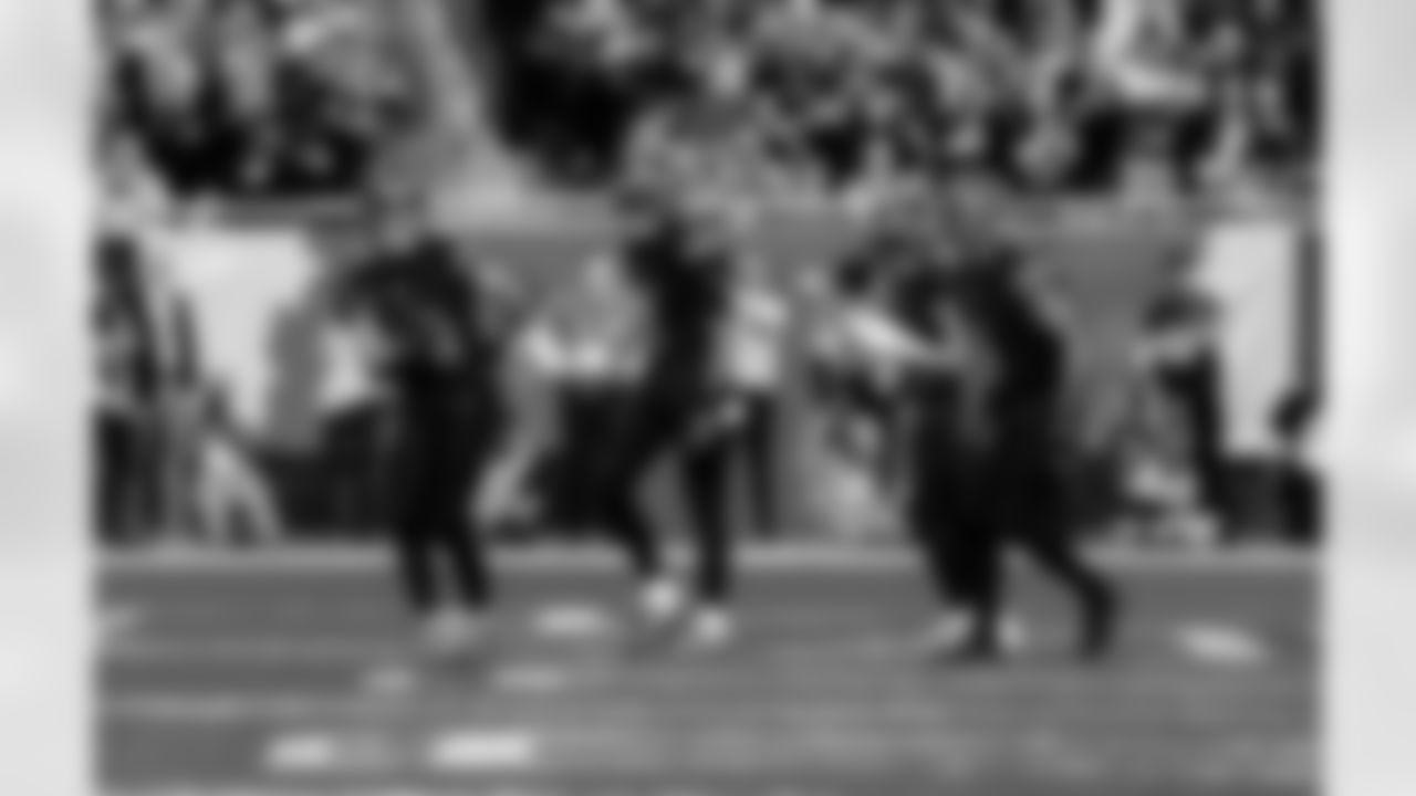 Detroit Lions wide receiver Amon-Ra St. Brown (14), Detroit Lions wide receiver Jameson Williams (1), Detroit Lions wide receiver Kalif Raymond (11), and Detroit Lions running back David Montgomery (5) after a touchdown during an NFL football game against the New York Giants on Sunday, Nov. 23, 2025 in Detroit. (Jeff Nguyen/Detroit Lions via AP)