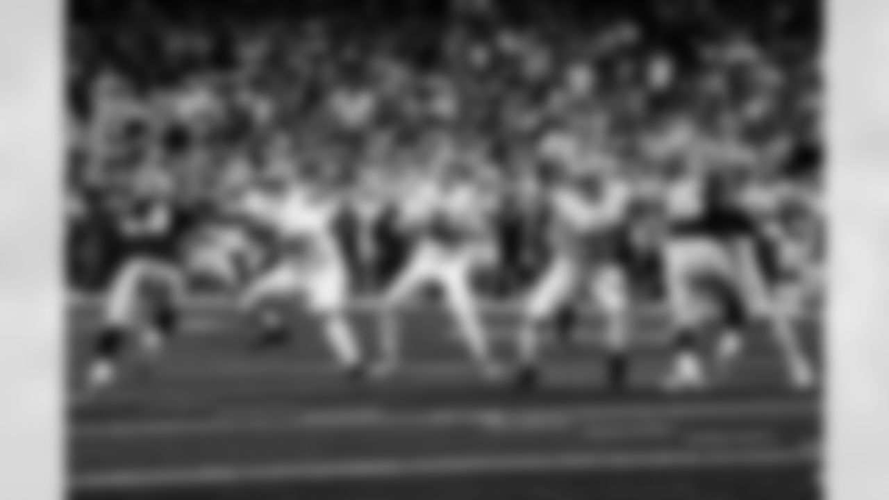 Detroit Lions tackle Penei Sewell (58), Detroit Lions quarterback Jared Goff (16), and Detroit Lions offensive lineman Tate Ratledge (69) during an NFL football game against the Dallas Cowboys on Thursday, Dec. 4, 2025 in Detroit. (Jeff Nguyen/Detroit Lions via AP)