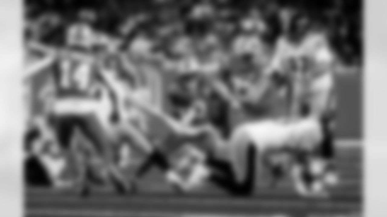 Detroit Lions running back Jahmyr Gibbs (0) and Detroit Lions offensive lineman Christian Mahogany (73) during an NFL football game against the Pittsburgh Steelers on Sunday, Dec. 21, 2025 in Detroit. (Jeff Nguyen/Detroit Lions via AP)