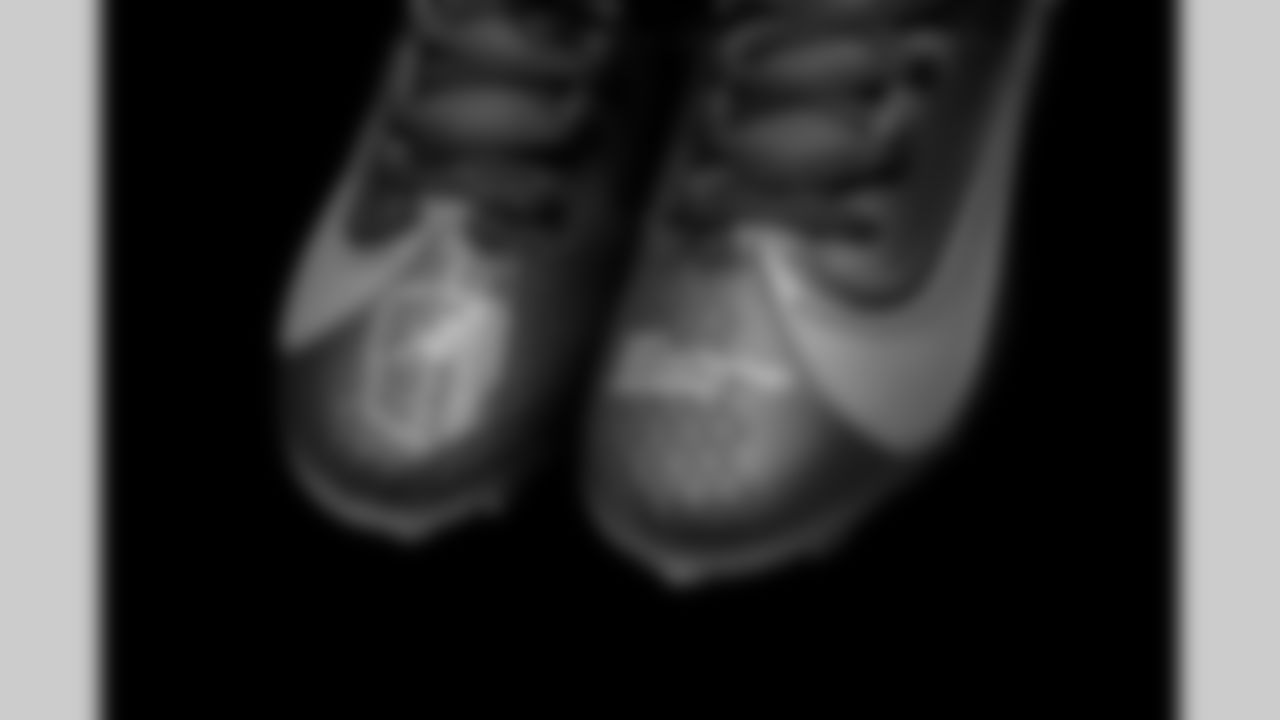 Cleats belonging to Detroit Lions linebacker Jack Campbell (46) photographed at the Meijer Performance Center on Nov. 12, 2025 in Allen Park, Mich. (Jeff Nguyen/Detroit Lions)