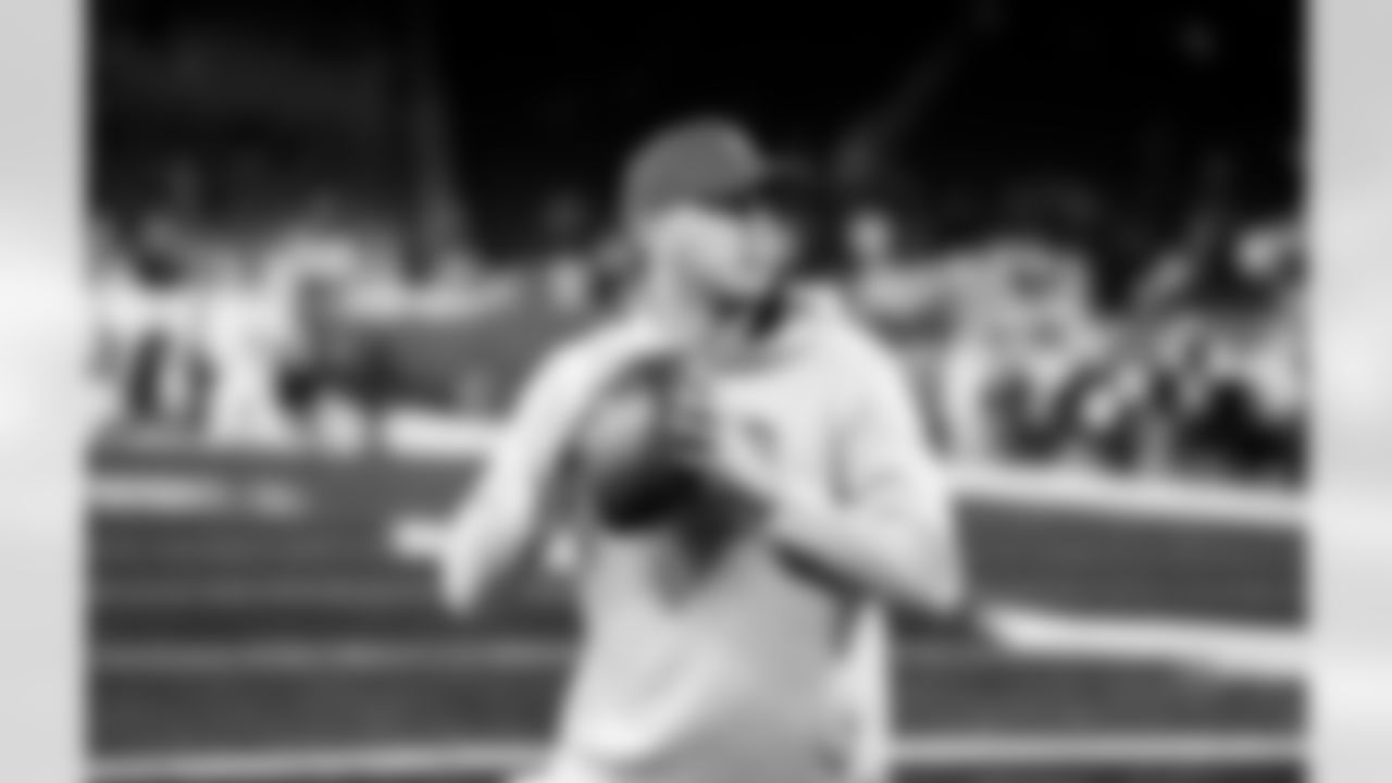 Detroit Lions quarterback Jared Goff (16) before an NFL football game against the Green Bay Packers on Thursday, Nov. 27, 2025 in Detroit. (Jeff Nguyen/Detroit Lions via AP)