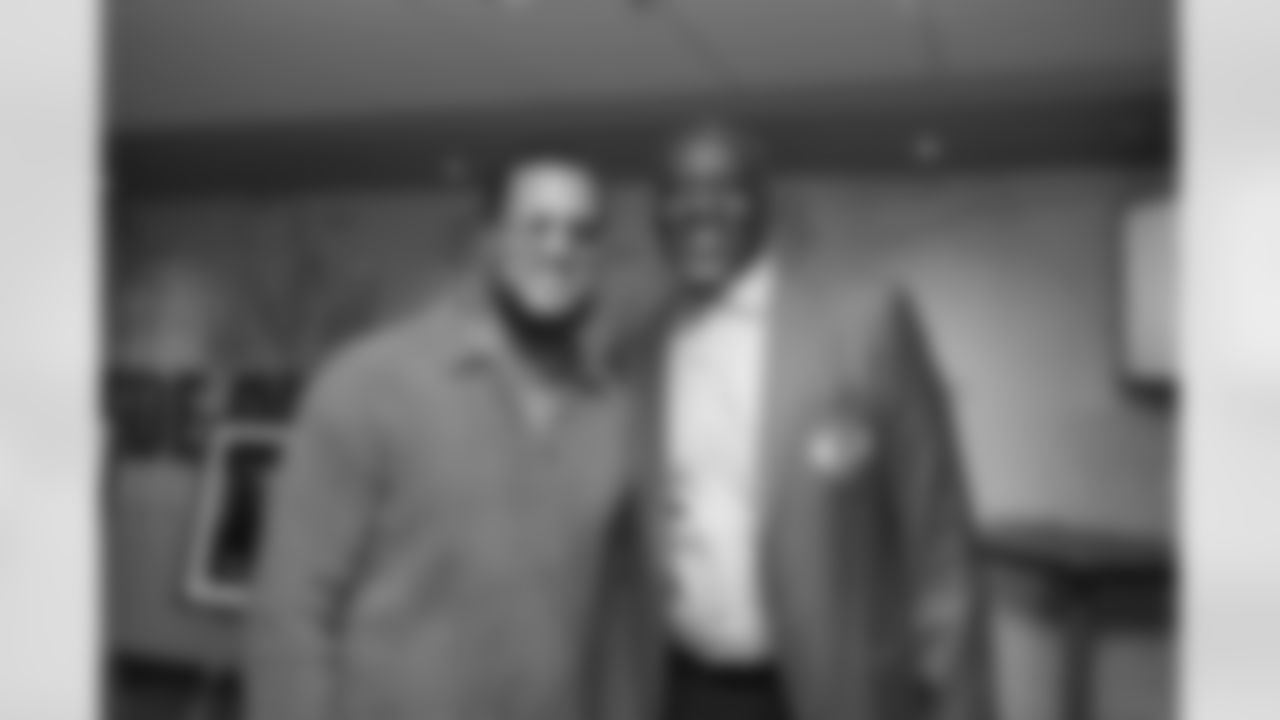 Lions Legend Isaiah Johnson (43) and Lions Legend Lomas Brown (75) pose for a photo during the Pride of the Lions dinner at Ford Field on September 13, 2025 in Detroit, Mich. (Stephanie VanWagoner/Detroit Lions)