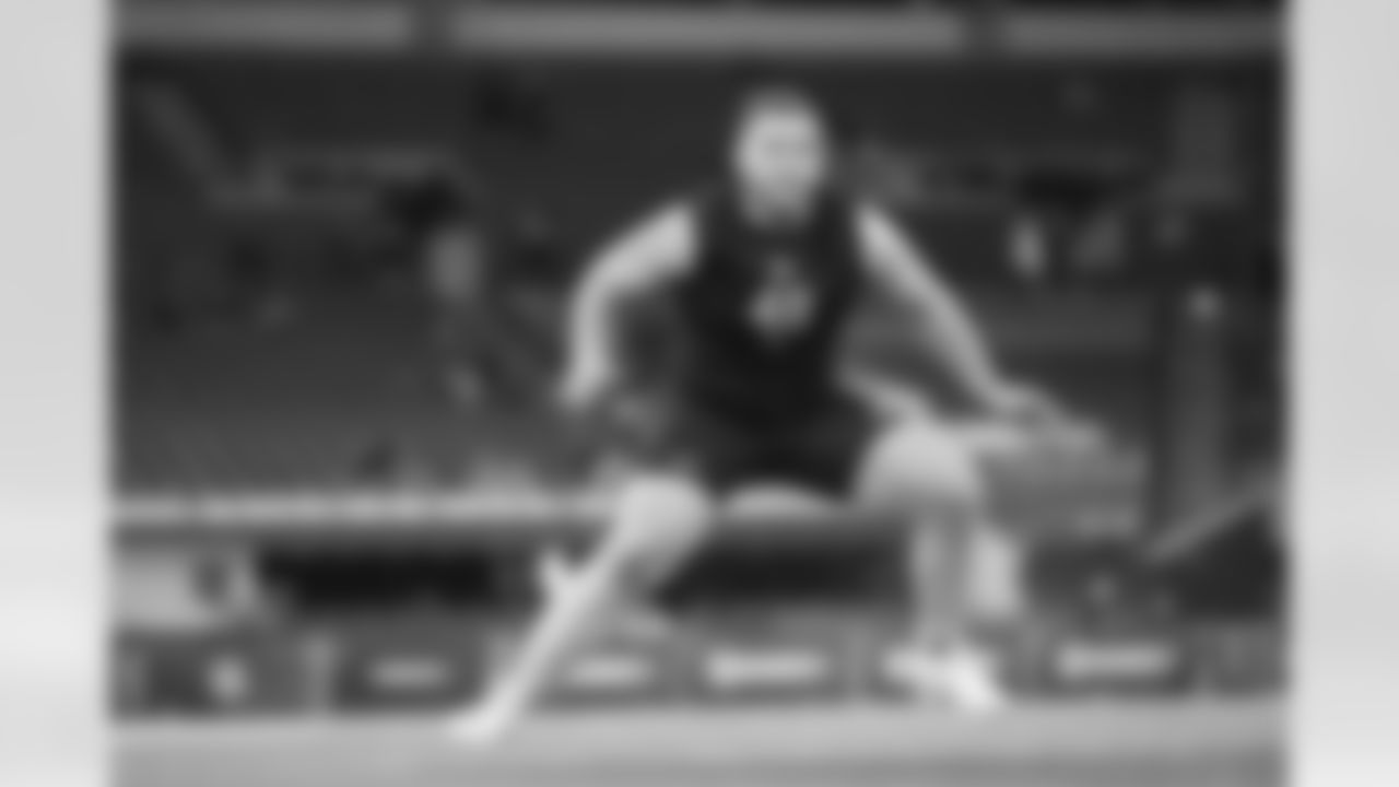 Iowa offensive lineman Beau Stephens (48) runs a drill at the NFL football scouting combine in Indianapolis, Sunday, March 1, 2026. (AP Photo/Michael Conroy)