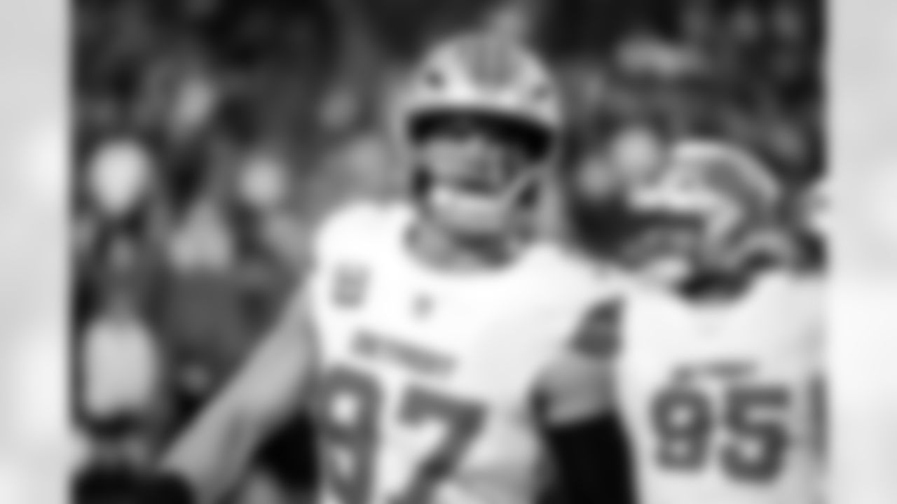 Detroit Lions edge rusher Aidan Hutchinson (97) before an NFL football game against the Kansas City Chiefs on Sunday, Oct. 12, 2025 in Kansas City, MO. (Jeff Nguyen/Detroit Lions via AP)