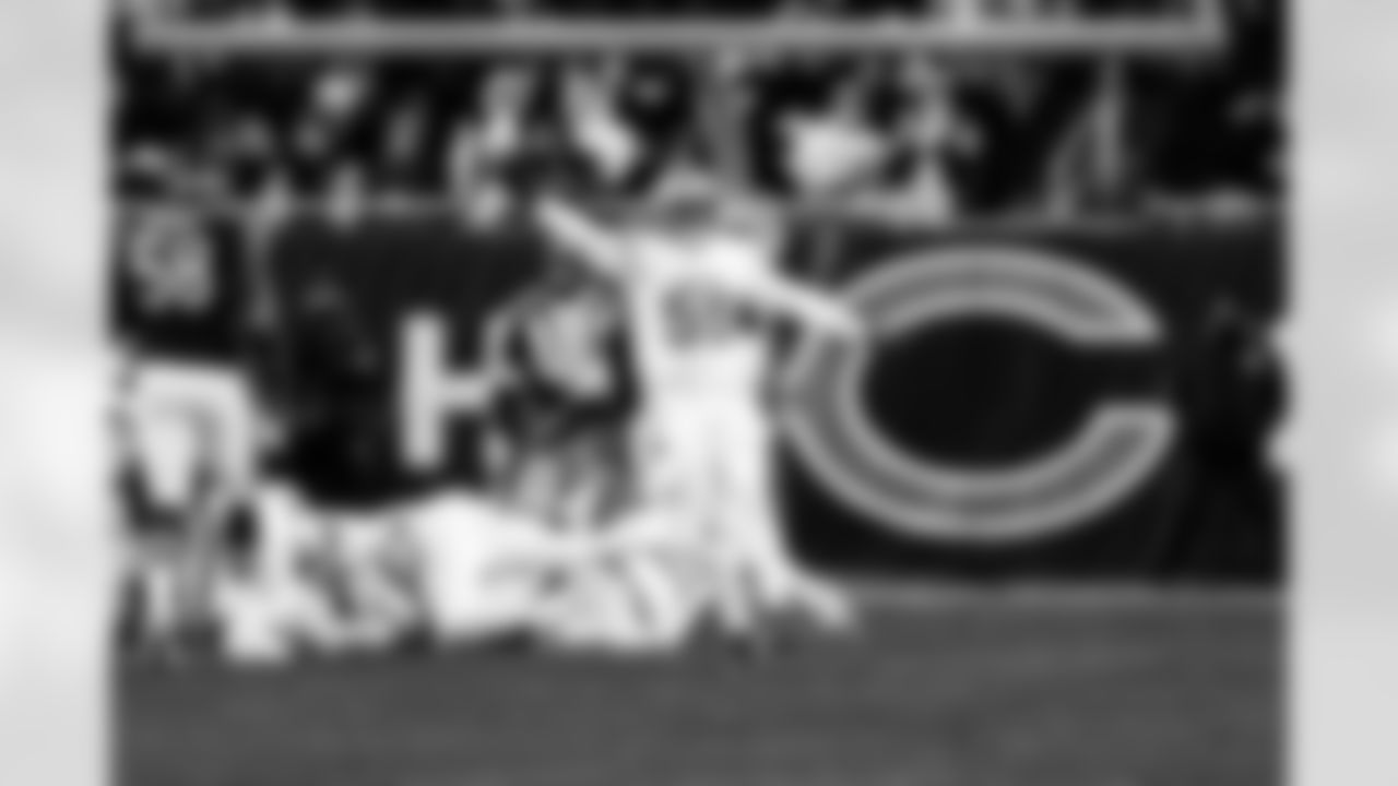 Detroit Lions linebacker Derrick Barnes (55) celebrates during an NFL football game against the Chicago Bears on Sunday, Jan. 4, 2026 in Chicago. (Jeff Nguyen/Detroit Lions via AP)