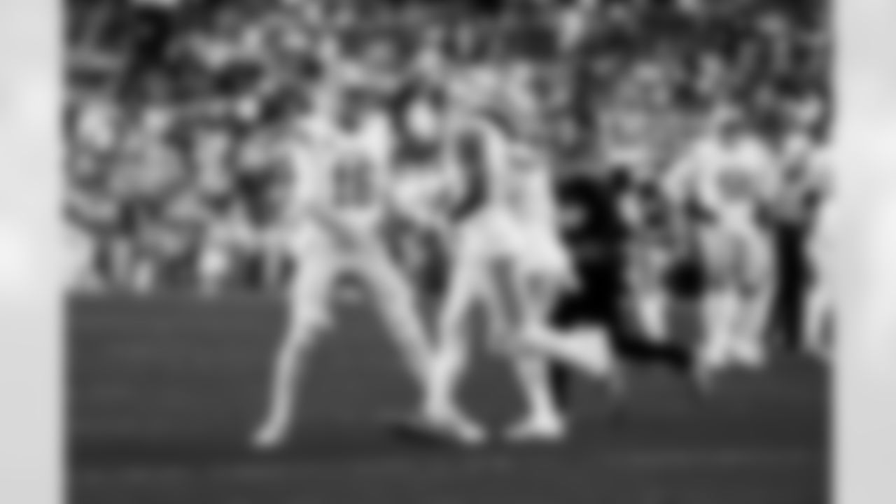 Detroit Lions quarterback Jared Goff (16), Detroit Lions running back Jahmyr Gibbs (0), and Detroit Lions running back David Montgomery (5) celebrate after a touchdown during an NFL football game against the Washington Commanders on Sunday, Nov. 9, 2025 in Landover, Md. (Jeff Nguyen/Detroit Lions via AP)