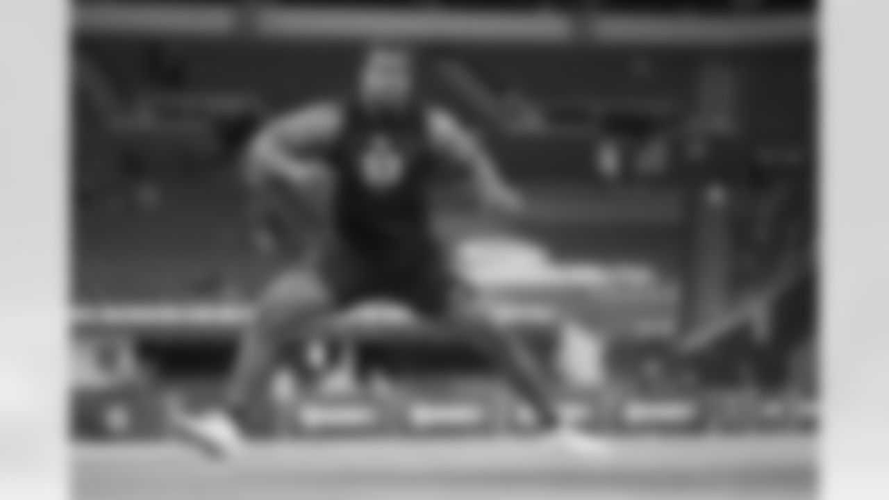 Notre Dame offensive lineman Aamil Wagner (53) runs a drill at the NFL football scouting combine in Indianapolis, Sunday, March 1, 2026. (AP Photo/Michael Conroy)