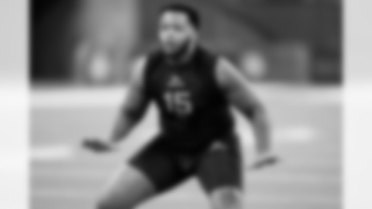 LSU offensive lineman Miles Frazier runs a drill at the NFL football scouting combine in Indianapolis, Sunday, March 2, 2025. (AP Photo/George Walker IV)