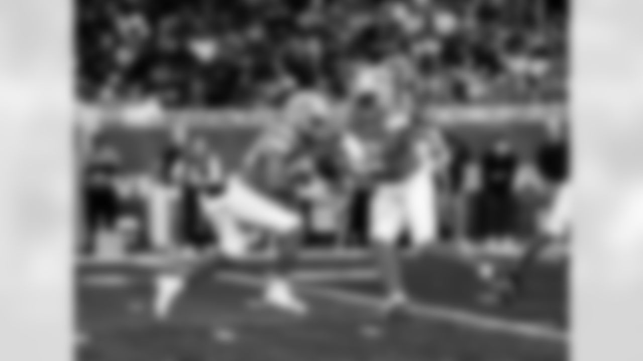 Detroit Lions running back Jacob Saylors (48) and Detroit Lions quarterback Hendon Hooker (2) during an NFL football game against the Houston Texans on Saturday, Aug. 23, 2025 in Detroit. (Jeff Nguyen/Detroit Lions via AP)
