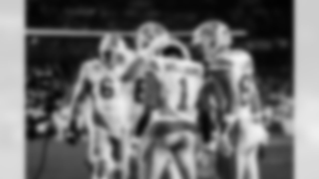 Detroit Lions wide receiver Jameson Williams (1) and Detroit Lions tight end Sam LaPorta (87) celebrate after a touchdown during an NFL football game against the Washington Commanders on Sunday, Nov. 9, 2025 in Landover, Md. (Jeff Nguyen/Detroit Lions via AP)