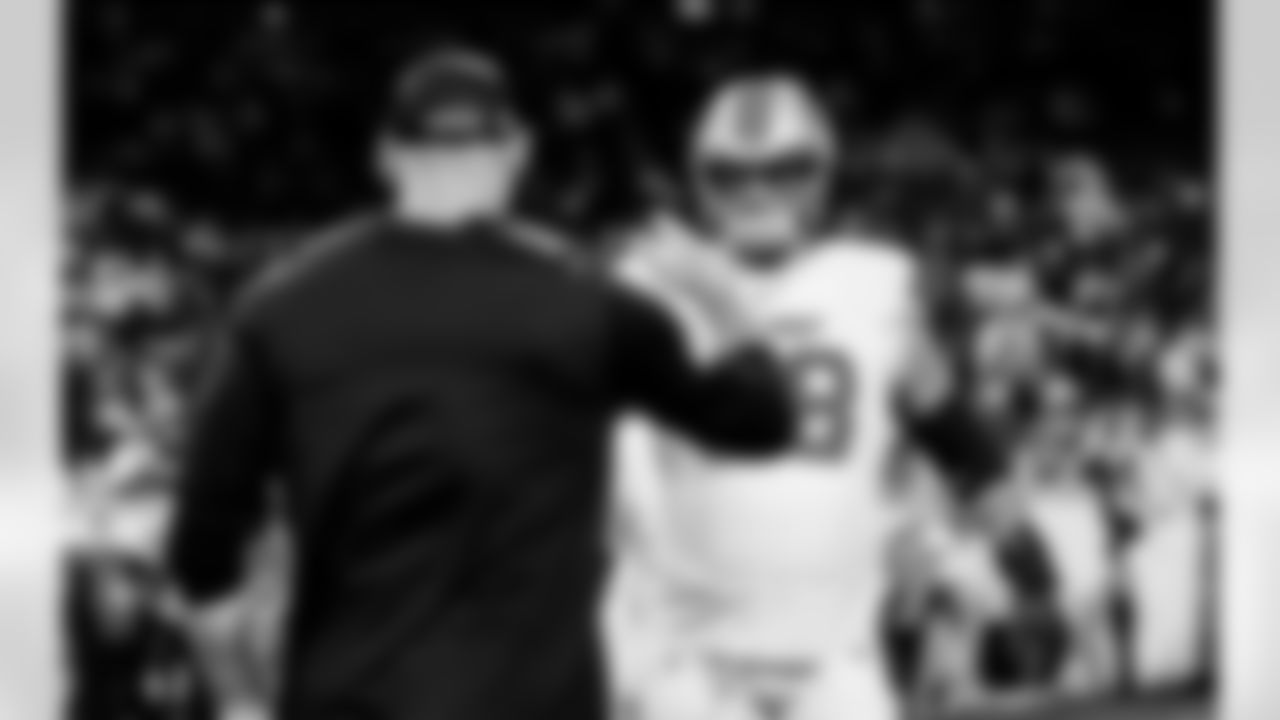 Detroit Lions head coach Dan Campbell and Detroit Lions tackle Taylor Decker (68) before an NFL football game against the Dallas Cowboys on Thursday, Dec. 4, 2025 in Detroit. (Jeff Nguyen/Detroit Lions via AP)