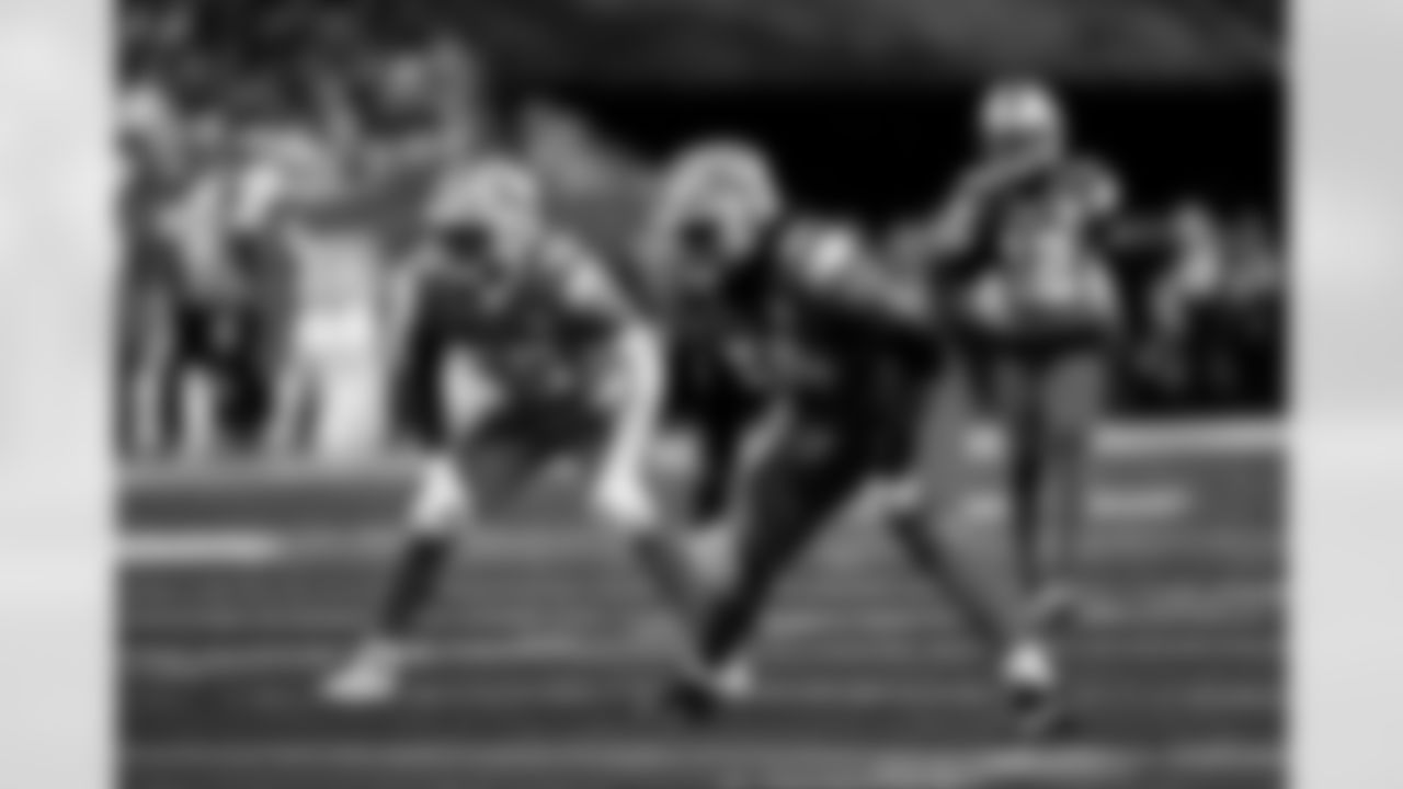 Detroit Lions linebacker Derrick Barnes (55) and Detroit Lions defensive lineman Alim McNeill (54) during an NFL football game against the Pittsburgh Steelers on Sunday, Dec. 21, 2025 in Detroit. (Jeff Nguyen/Detroit Lions via AP)