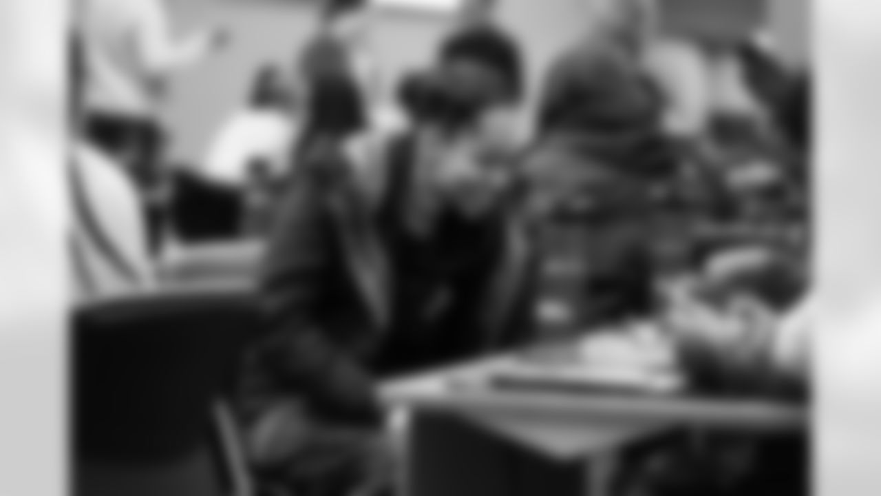 A DLA student smiling during a Detroit Lions Academy health and wellness field trip at the Henry Ford Health campus on Feb. 27, 2026 in Detroit. (Izzy Rincon/Detroit Lions)