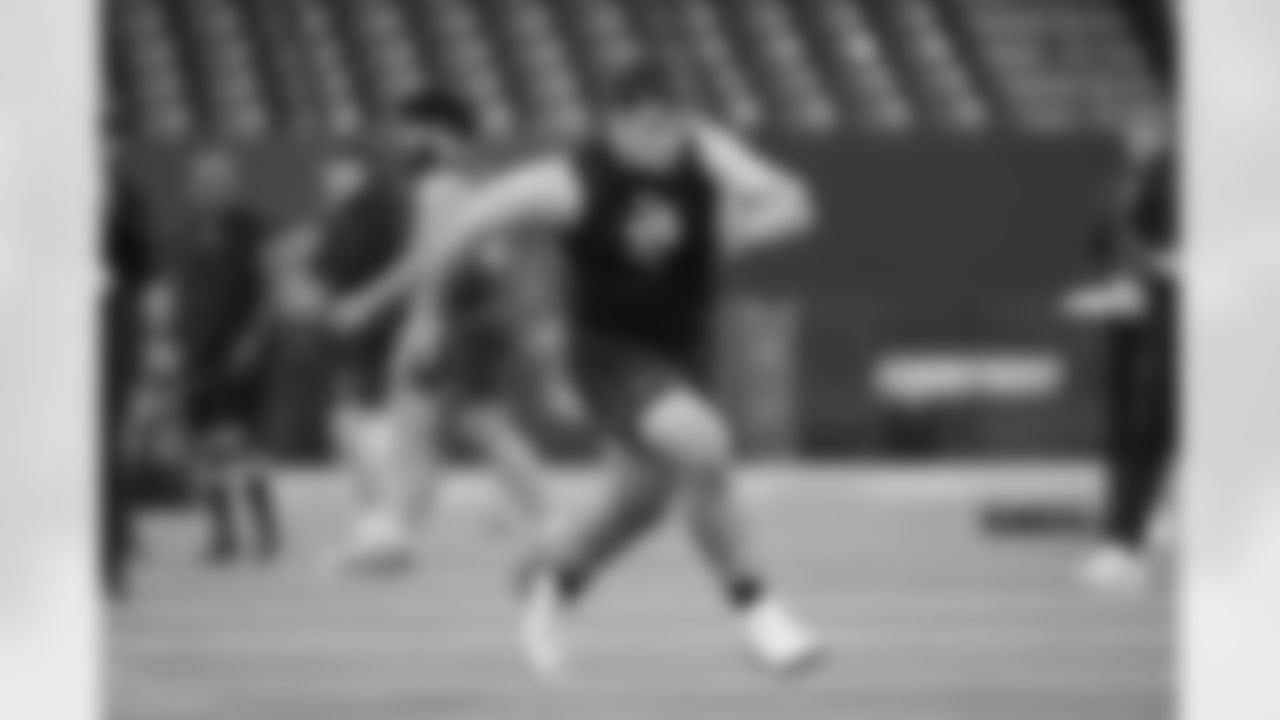 Duke offensive lineman Brian Parker II (38) runs a drill at the NFL football scouting combine in Indianapolis, Sunday, March 1, 2026. (AP Photo/Michael Conroy)