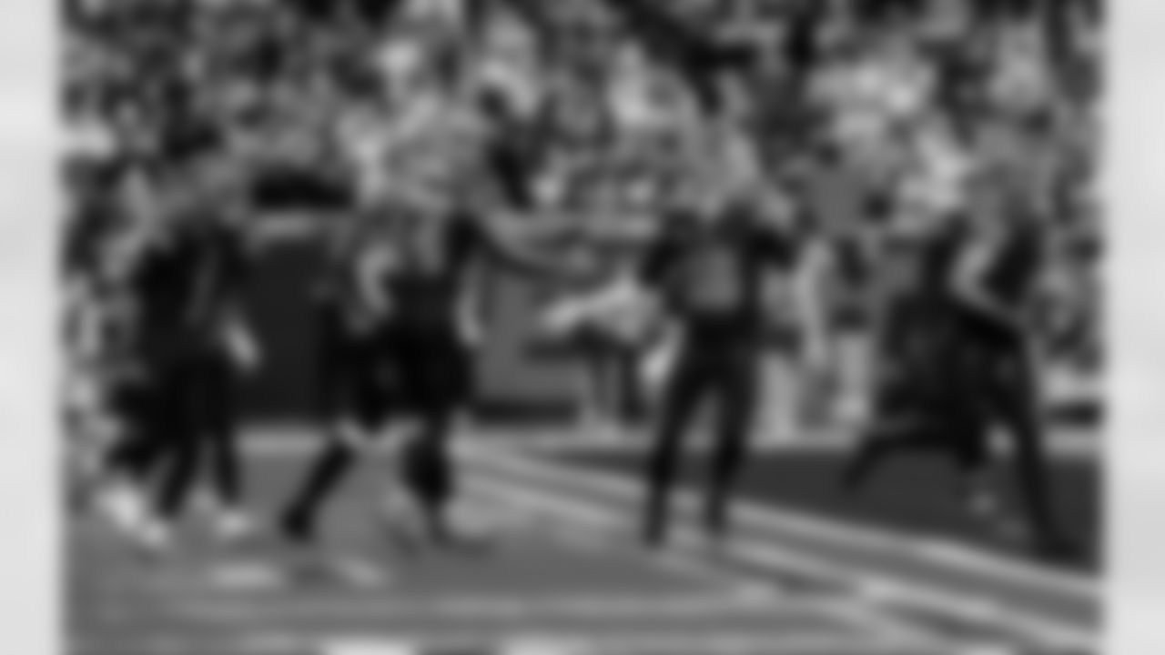 Detroit Lions wide receiver Amon-Ra St. Brown (14) and Detroit Lions quarterback Jared Goff (16) after a touchdown during an NFL football game against the New York Giants on Sunday, Nov. 23, 2025 in Detroit. (Jeff Nguyen/Detroit Lions via AP)