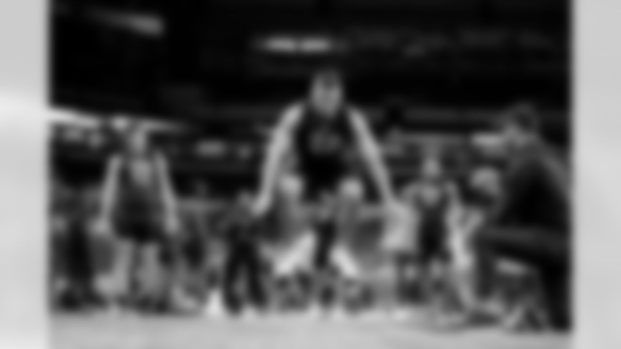 Oklahoma State linebacker Malcolm Rodriguez (28) participates in the broad jump at the NFL football scouting combine in Indianapolis, Saturday, March 5, 2022. (AP Photo/Steve Luciano)