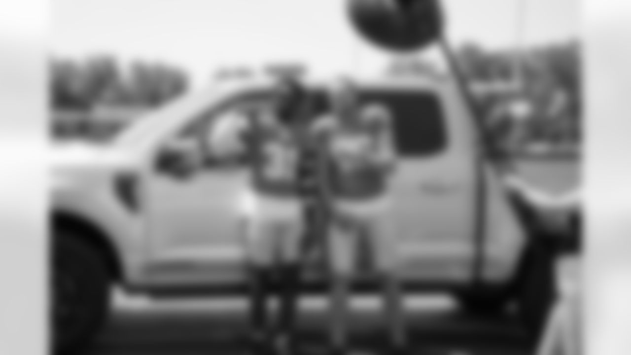Detroit Lions safety Kerby Joseph (31) and Detroit Lions linebacker Jack Campbell (46) posing on the Ford set during the 2025 media day at the Meijer Performance Center on June 2, 2025 in Allen Park, Mich. (Katie Quinlan/Detroit Lions)