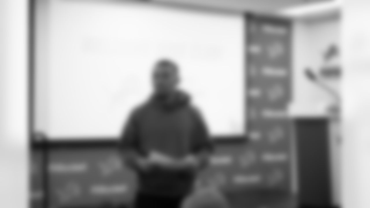 Detroit Lions wide receiver Amon-Ra St. Brown (14) announces the winning design during a shoe design competition event at the Meijer Performance Center on Sept. 27, 2025 in Allen Park, Mich. (Carl Jones II/Detroit Lions via AP)