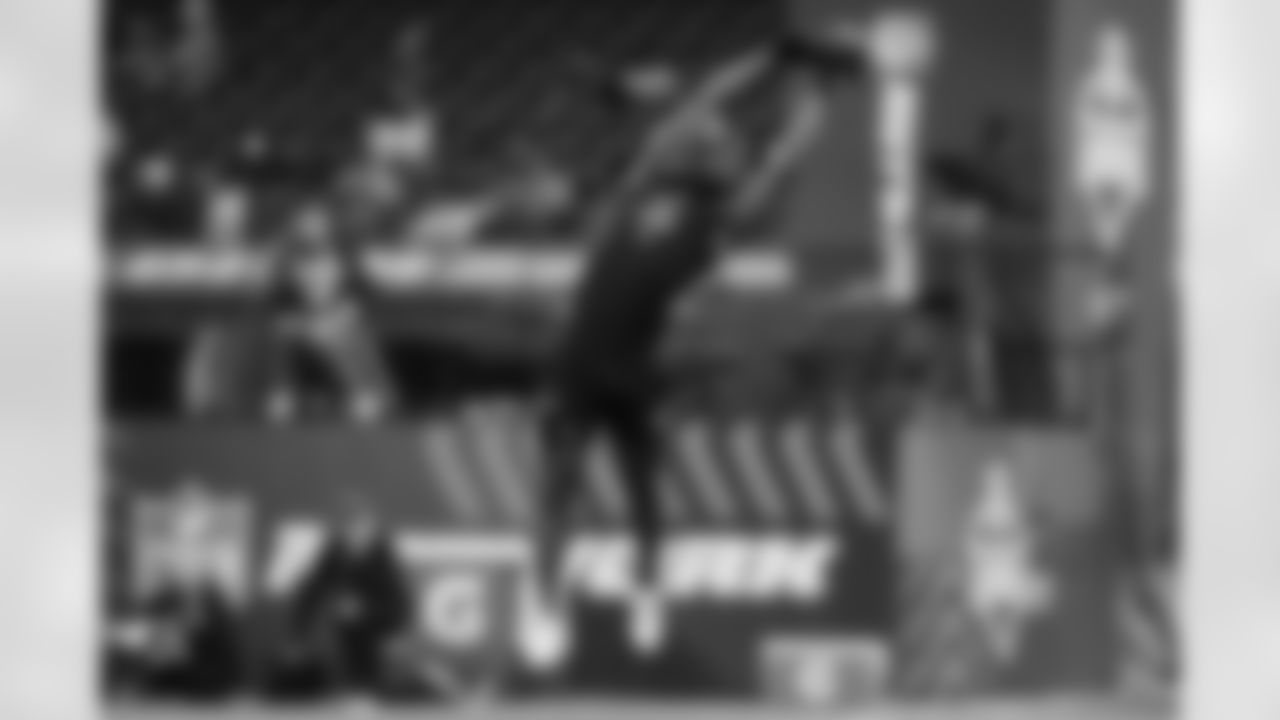 LSU defensive back A.J. Haulcy (36) runs a drill at the NFL football scouting combine in Indianapolis, Friday, Feb. 27, 2026. (AP Photo/Michael Conroy)