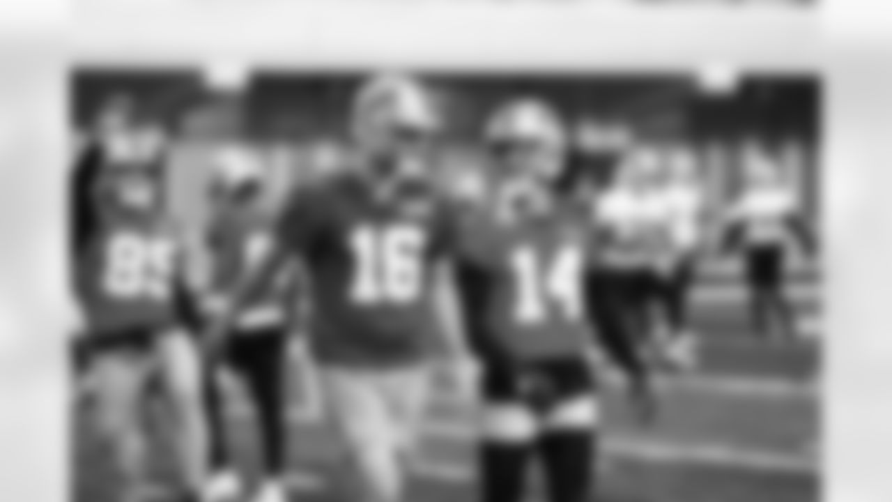 Detroit Lions quarterback Jared Goff (16), Detroit Lions wide receiver Amon-Ra St. Brown (14) during practice at the Meijer Performance Center in Allen Park, MI on October 18, 2024. (Jeff Nguyen/Detroit Lions)