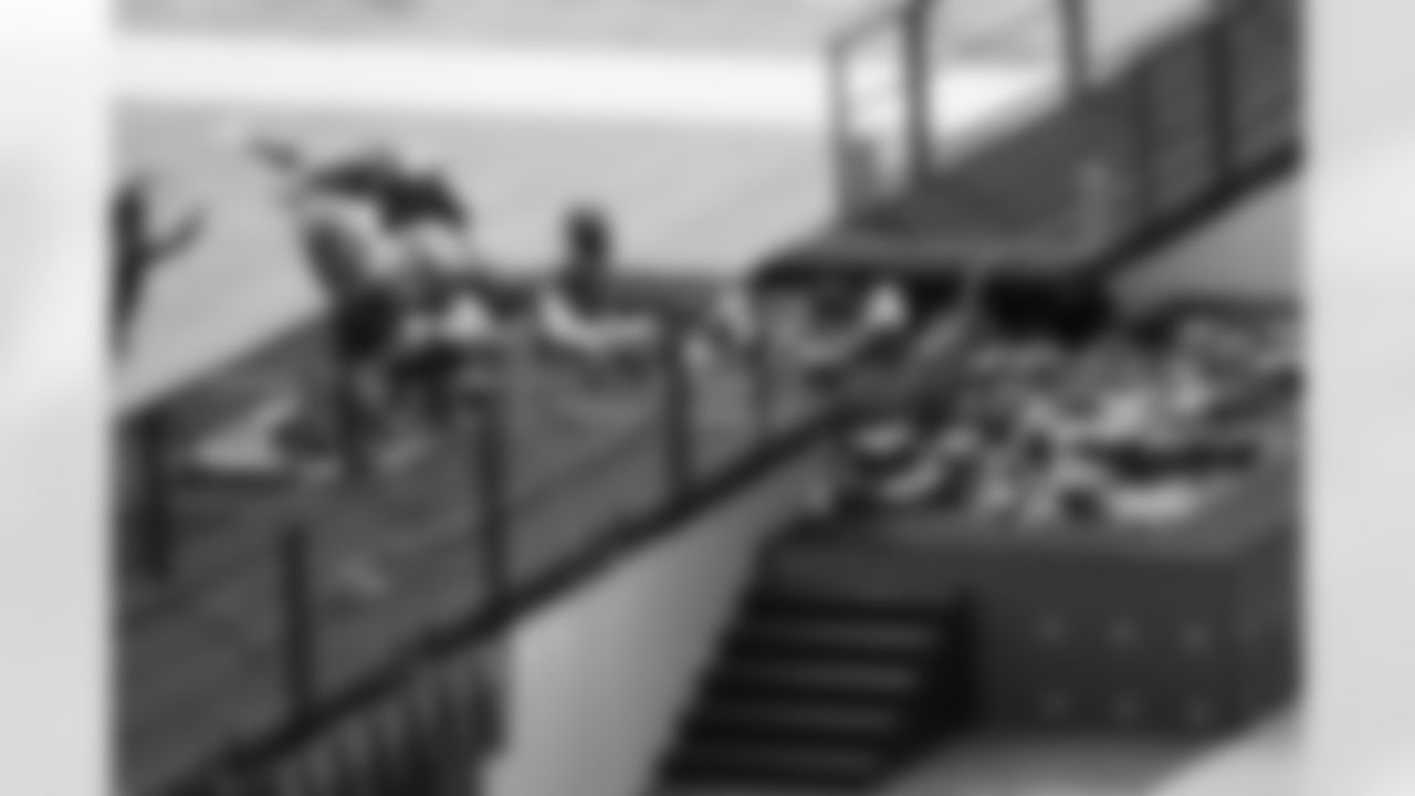 Detroit Lions running back Jahmyr Gibbs (26) celebrates an interception by Detroit Lions defensive back Brian Branch (32) at the 2025 Pro Bowl Games in Orlando, FL on February 2, 2025. (Stuart Zaas/Detroit Lions via AP)