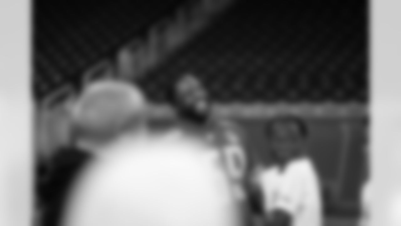 Lions Legend Alex Lewis (59) smiling during the Inspire Change Football Clinic at Ford Field on Dec. 9, 2025 in Detroit. (Izzy Rincon/Detroit Lions)