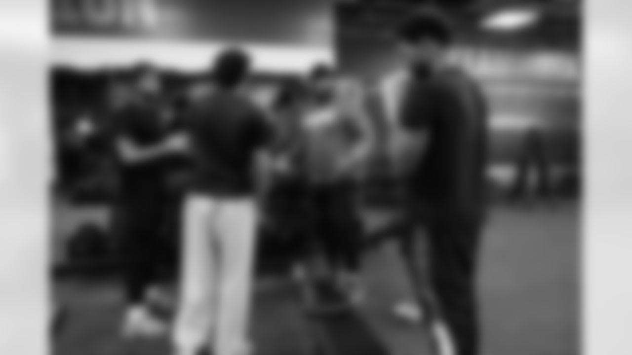 Lions Legend Alex Lewis (59) works with students during a Health and Wellness room reveal during a Count Day activation event at Detroit Lions Academy on Feb. 11, 2026 in Detroit. (Carl Jones II/Detroit Lions)