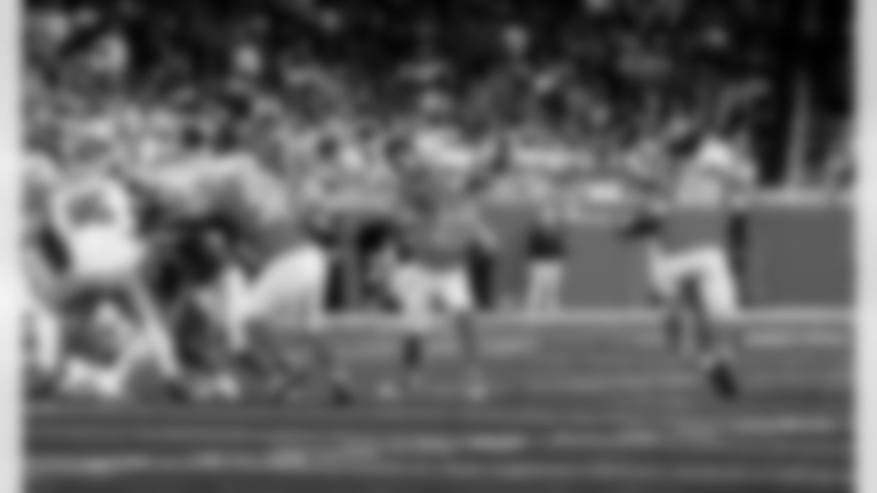 Detroit Lions guard Kayode Awosika (74), Detroit Lions quarterback Jared Goff (16), and Detroit Lions tackle Taylor Decker (68) during an NFL football game against the Green Bay Packers on Thursday, Nov. 27, 2025 in Detroit. (Jeff Nguyen/Detroit Lions via AP)