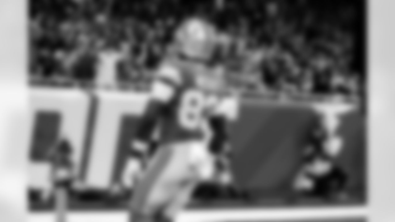 Detroit Lions wide receiver Jackson Meeks (83) celebrate after a touchdown during an NFL football game against the Miami Dolphins, Saturday, August 16 in Detroit. (Jeff Nguyen/Detroit Lions via AP)