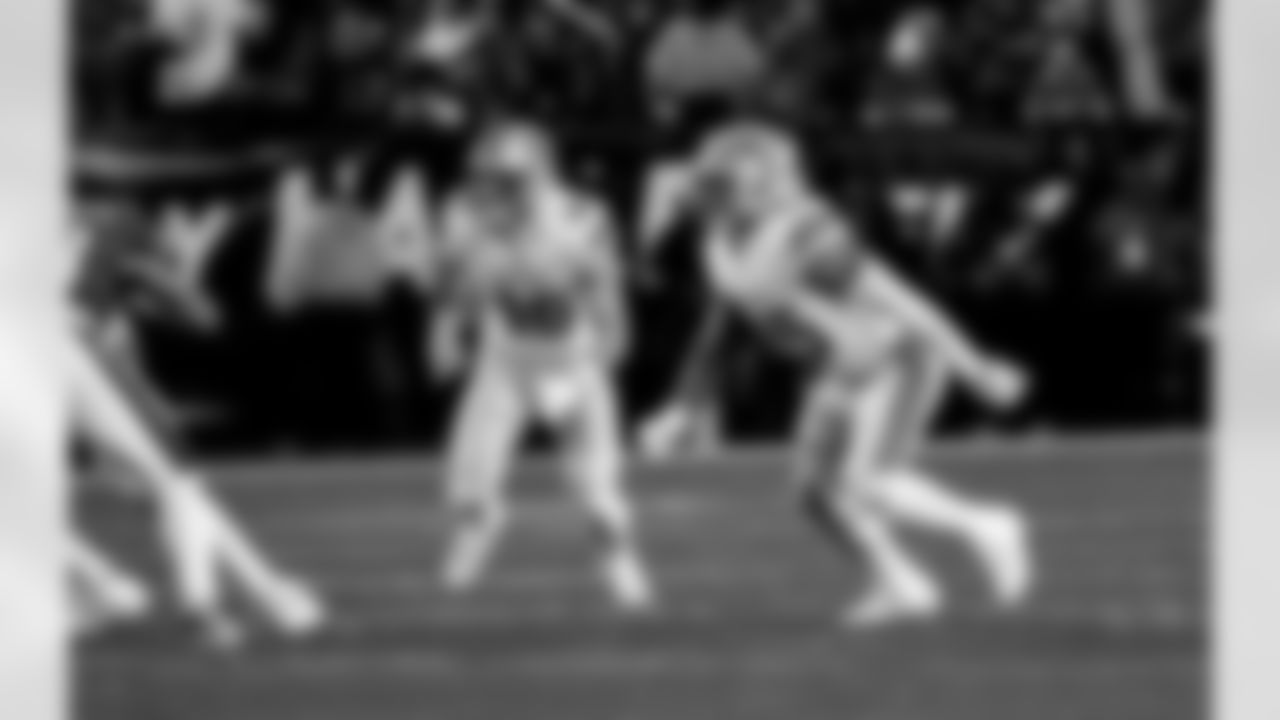 Detroit Lions linebacker Jack Campbell (46) and Detroit Lions linebacker Derrick Barnes (55) during an NFL football game against the Philadelphia Eagles on Sunday, Nov. 16, 2025 in Philadelphia. (Jeff Nguyen/Detroit Lions via AP)