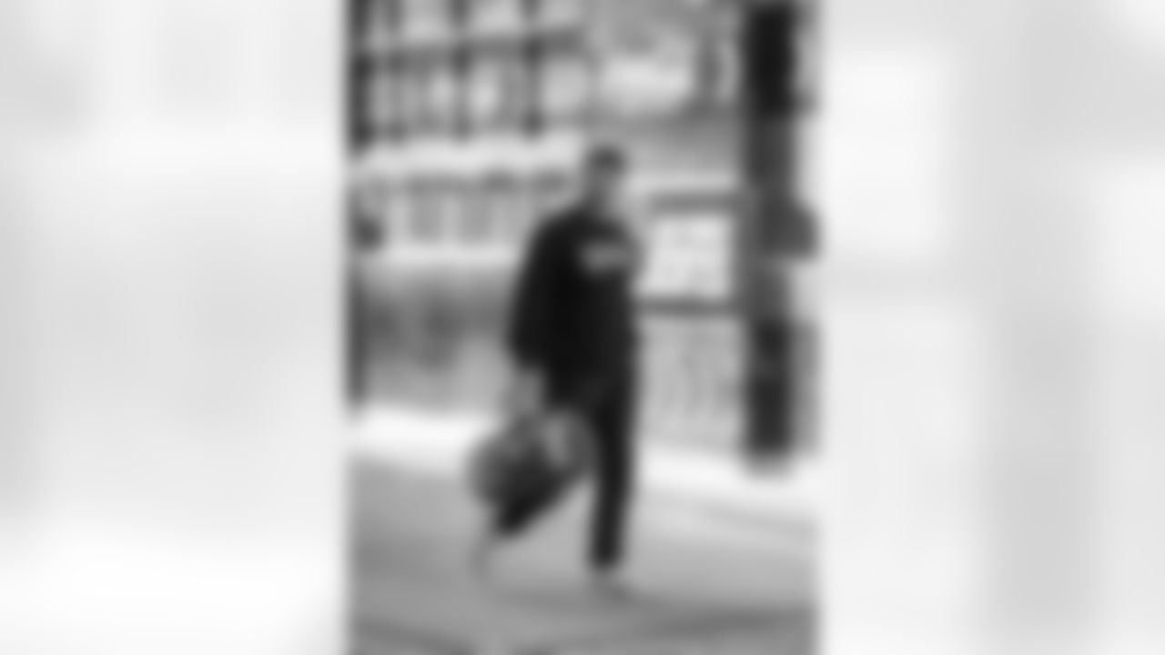 Detroit Lions long snapper Hogan Hatten (49) arrives to an NFL football game against the New York Giants on Sunday, Nov. 23, 2025 in Detroit. (Jeff Nguyen/Detroit Lions via AP)