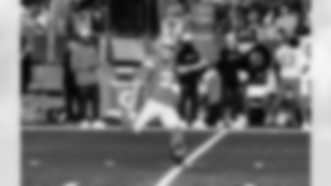 Detroit Lions kicker Jake Bates (39) kicks off during an NFL football game against the Los Angeles Chargers, Thursday, July 31, 2025, in Canton, Ohio. (Jeff Nguyen/Detroit Lions via AP)