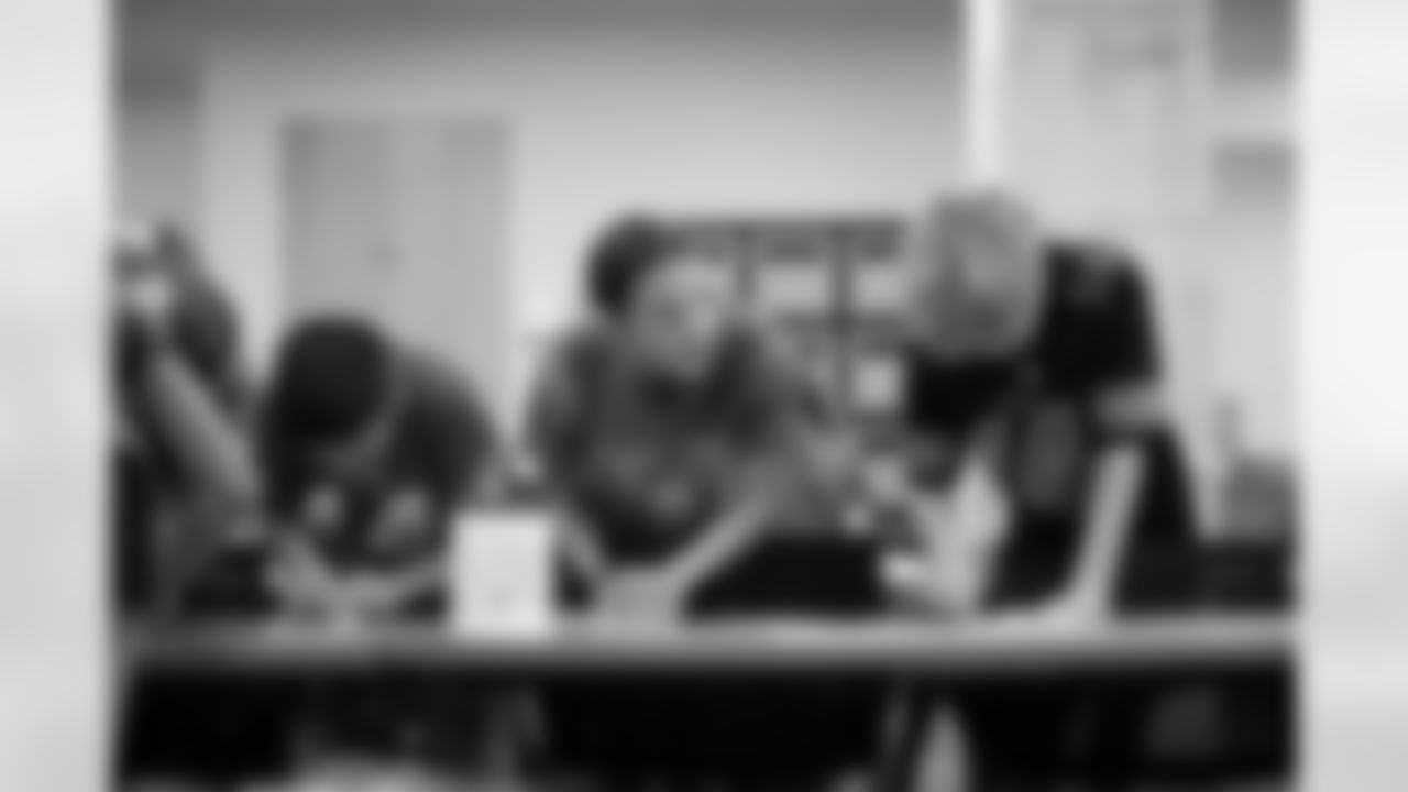 Shoe Club students work on their designs during a shoe design competition event at the Meijer Performance Center on Sept. 27, 2025 in Allen Park, Mich. (Carl Jones II/Detroit Lions via AP)