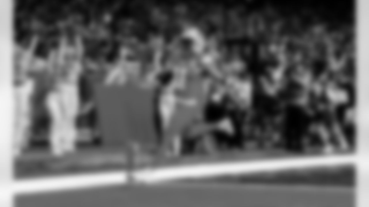 Detroit Lions wide receiver Kalif Raymond (11) scores a touchdown during an NFL football game against the Pittsburgh Steelers on Sunday, Dec. 21, 2025 in Detroit. (Jeff Nguyen/Detroit Lions via AP)