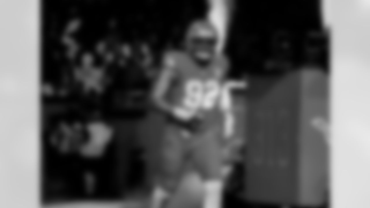 Detroit Lions edge rusher Marcus Davenport (92) before an NFL football game against the Pittsburgh Steelers on Sunday, Dec. 21, 2025 in Detroit. (Jeff Nguyen/Detroit Lions via AP)