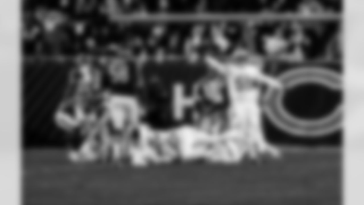 Detroit Lions linebacker Derrick Barnes (55) celebrates after a forced fumble during an NFL football game against the Chicago Bears on Sunday, Jan. 4, 2026 in Chicago. (Jeff Nguyen/Detroit Lions via AP)