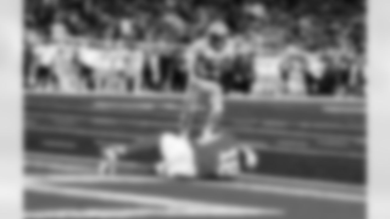 Detroit Lions wide receiver Isaac TeSlaa (18) scores a touchdown during an NFL football game against the Green Bay Packers on Thursday, Nov. 27, 2025 in Detroit. (Jeff Nguyen/Detroit Lions via AP)